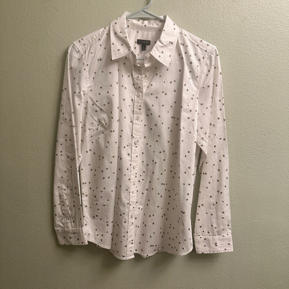Talbots White Blouse with Gold Stars Size Medium new without tags